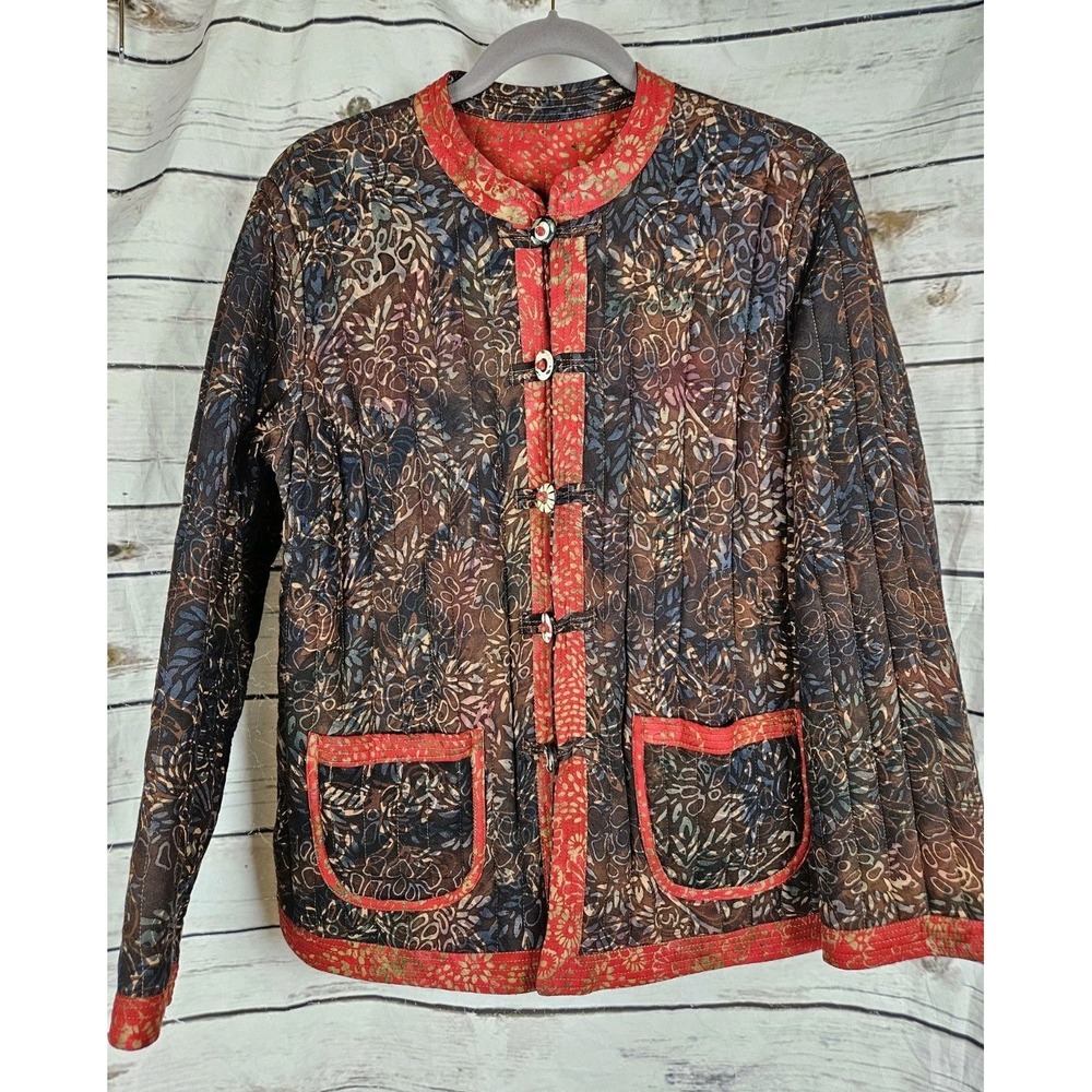 Reversible Floral Quilted Kantha Jacket L Button Boho Artisan Women